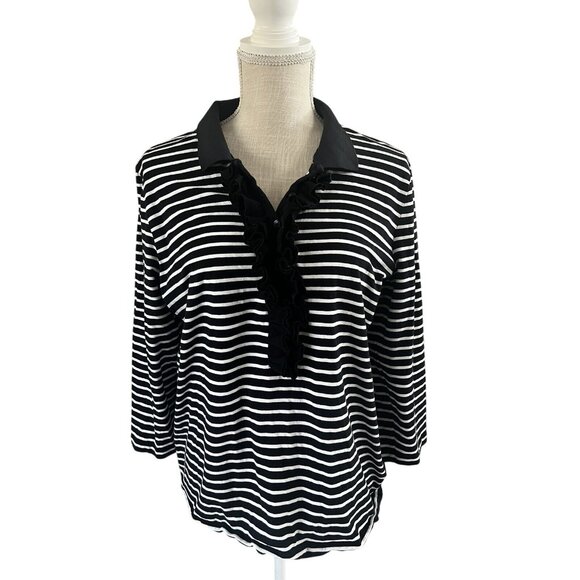 Jones New York Black/White Striped 3/4 Sleeve Polo Shirt W/Ruffle Detail XL - Picture 1 of 8